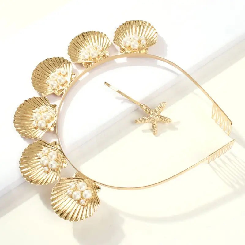 Golden Shell Tiara with Faux Pearls