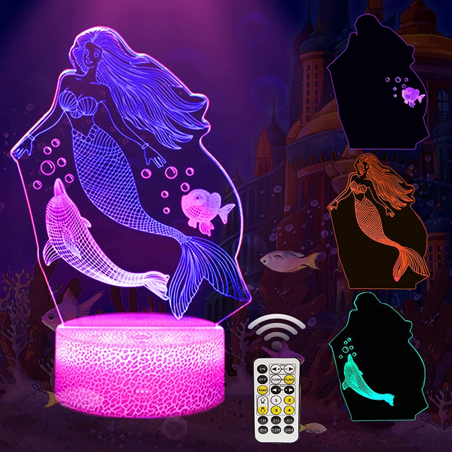 3D Mermaid Night Light(3 Patterns), Mermaid Gifts for Girls 7 Colors Changing Illusion LED Bedside Lamp for Bedroom with Remote&Smart Touch Mermaid Toys for Kids Valentine'S Day Birthday Gifts