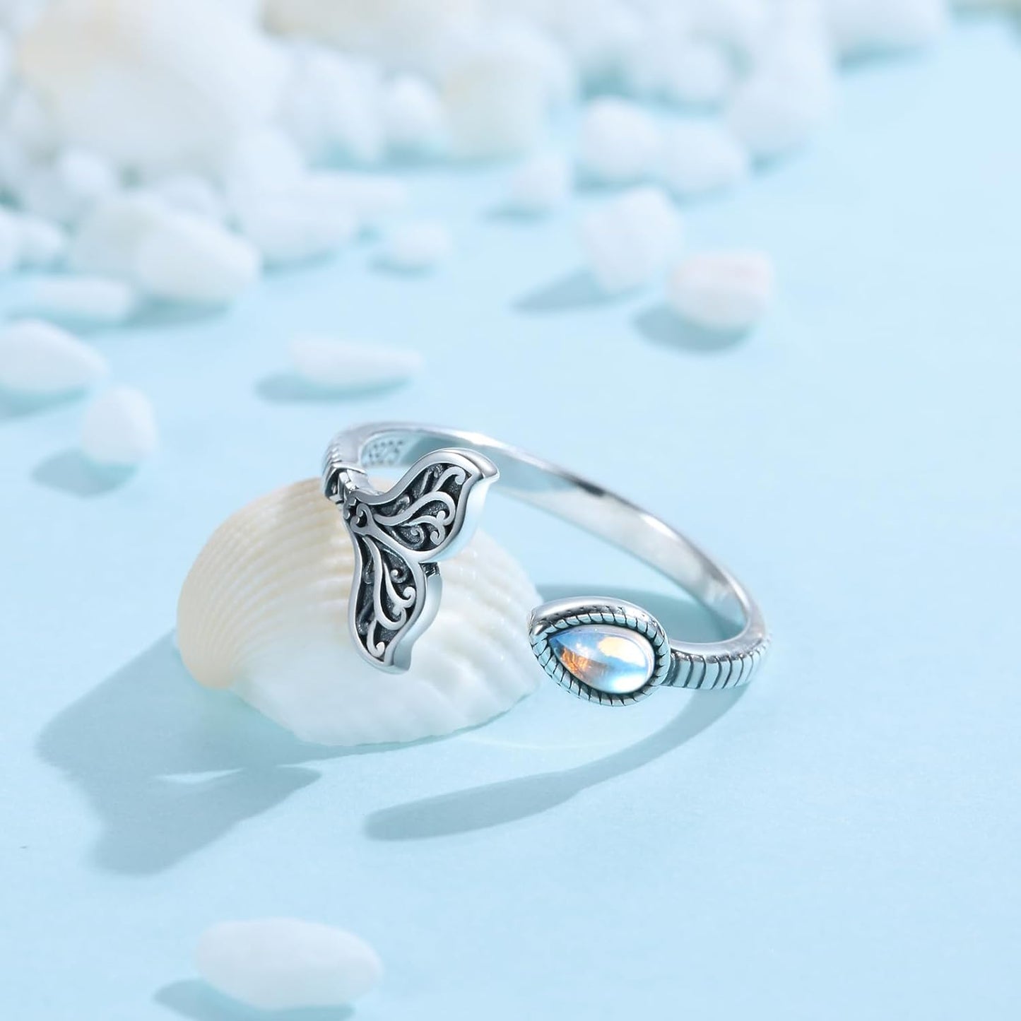 Adjustable Elegance: Opal Moonstone Mermaid Tail Ring