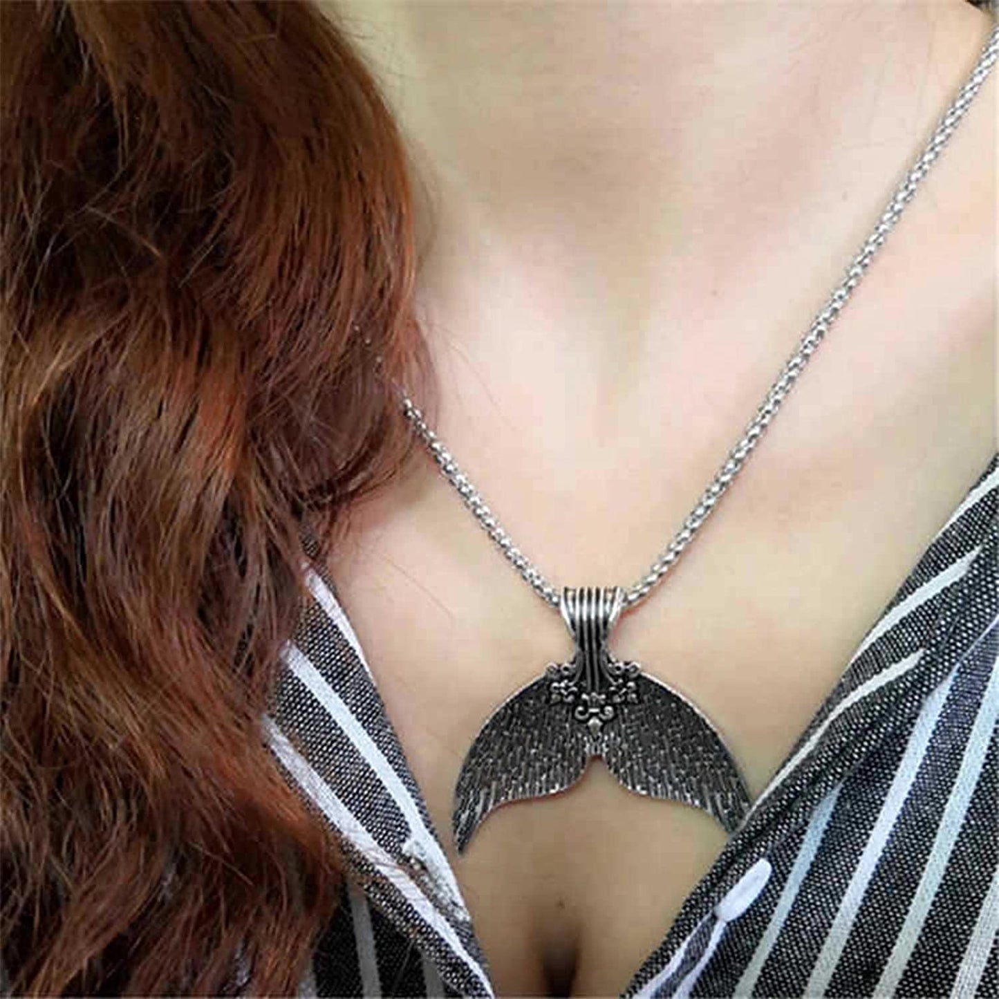 Mermaid Tail Necklace for Women Silver Dolphin Fishtail Y Pendant Necklace Long Beads Chain Necklace Gifts for Her