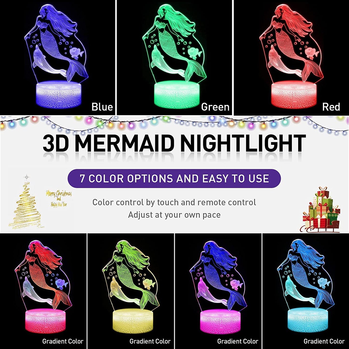 3D Mermaid Night Light(3 Patterns), Mermaid Gifts for Girls 7 Colors Changing Illusion LED Bedside Lamp for Bedroom with Remote&Smart Touch Mermaid Toys for Kids Valentine'S Day Birthday Gifts