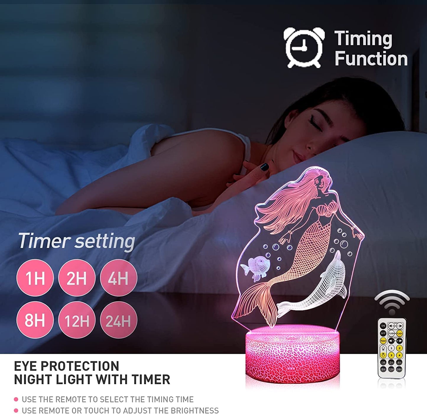 3D Mermaid Night Light(3 Patterns), Mermaid Gifts for Girls 7 Colors Changing Illusion LED Bedside Lamp for Bedroom with Remote&Smart Touch Mermaid Toys for Kids Valentine'S Day Birthday Gifts