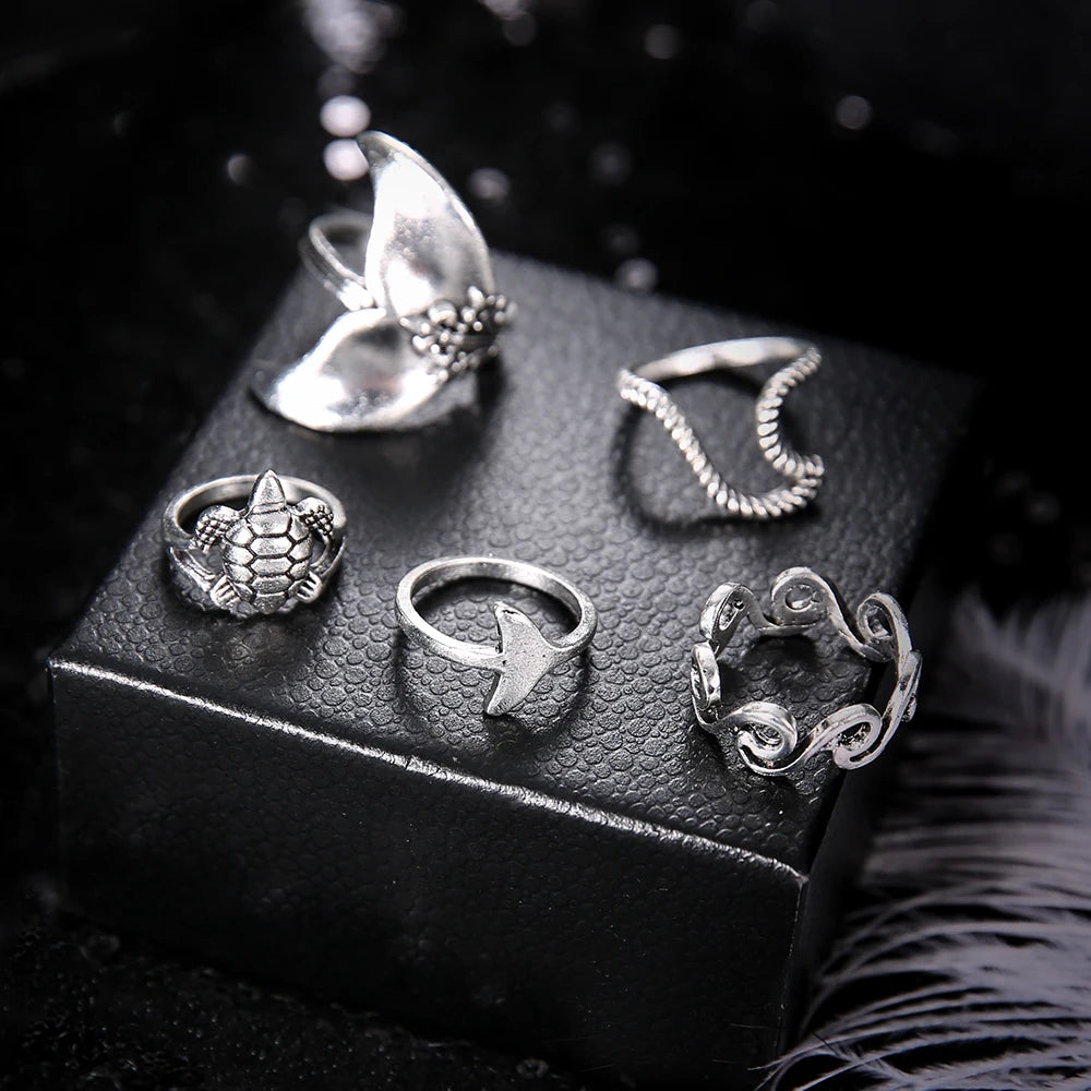 5 Pcs/Set Mermaid Wave Midi Rings for Women Bohemian Moon Turtle Charms Rings Wedding Party Punk Jewelry New Fashion Gifts 2020