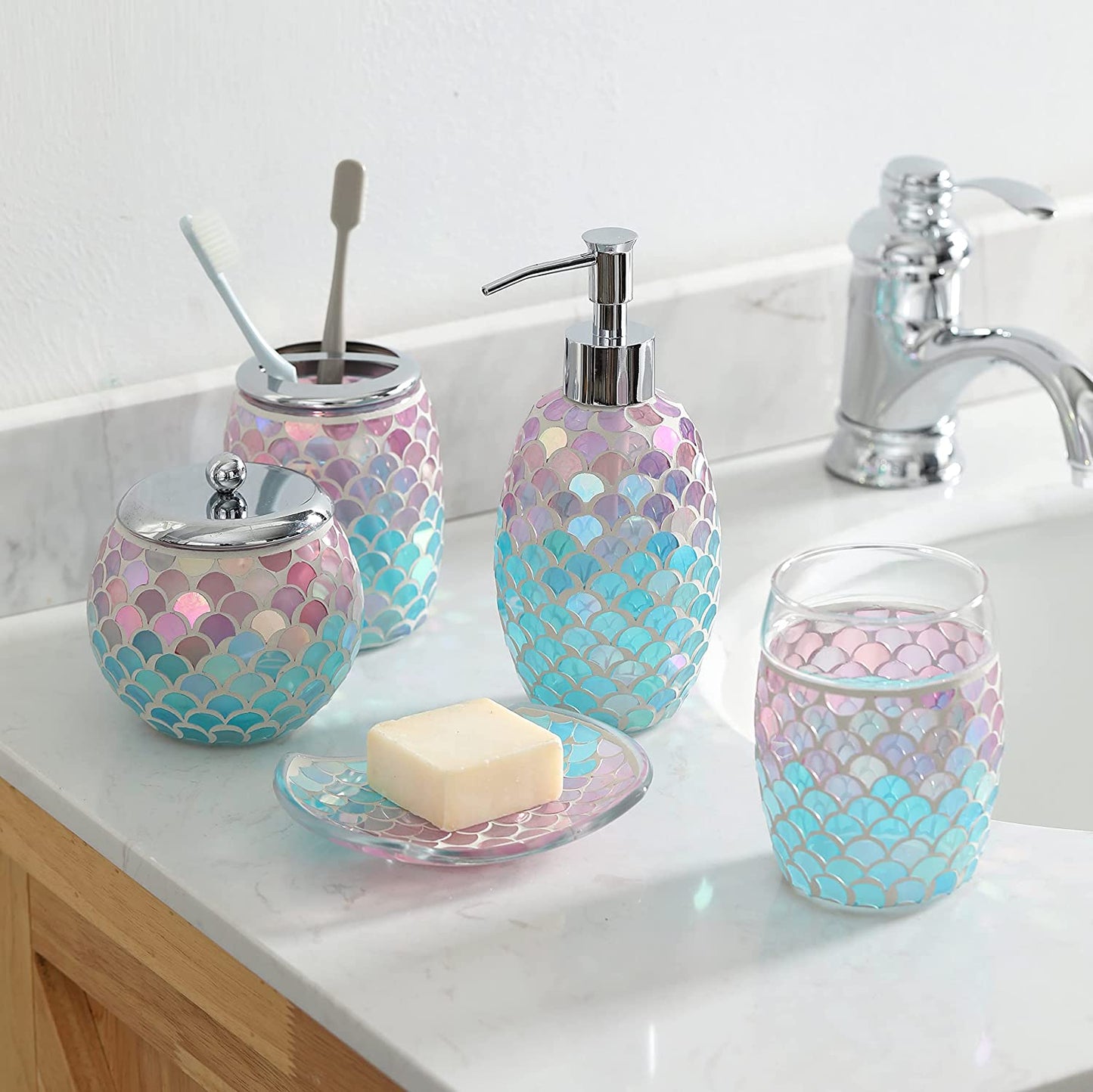 Mermaid Glass Bathroom Accessory Set