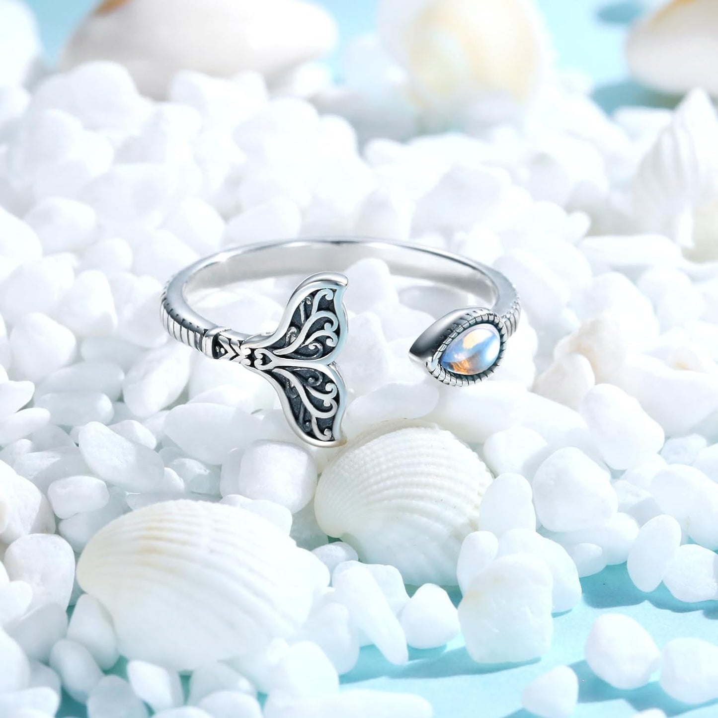 Adjustable Elegance: Opal Moonstone Mermaid Tail Ring