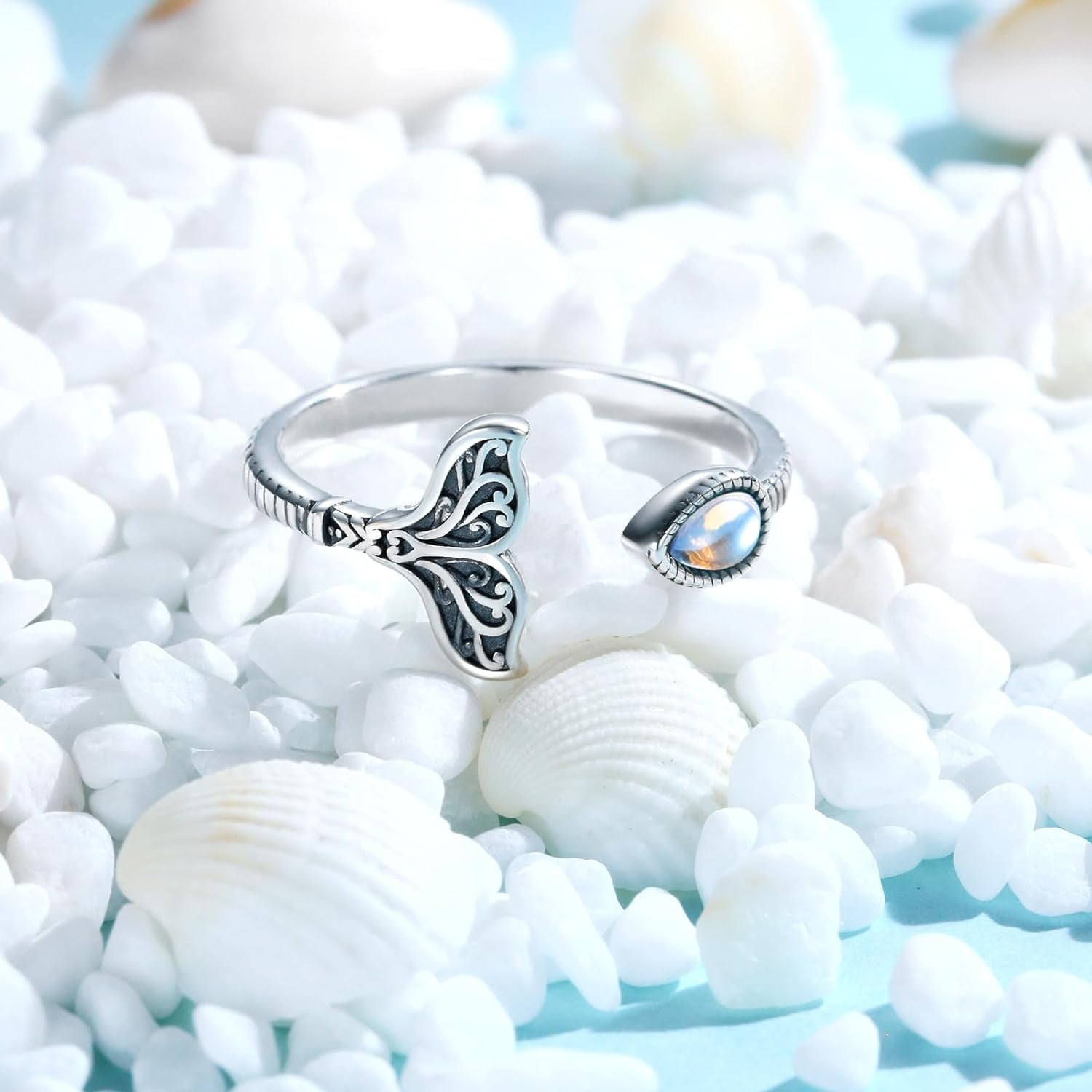 Adjustable Elegance: Opal Moonstone Mermaid Tail Ring