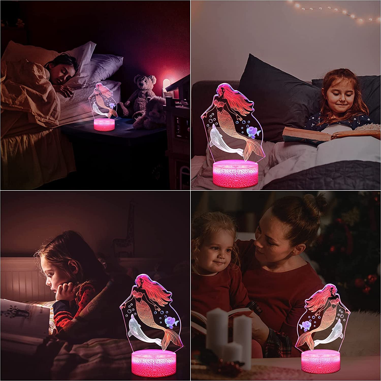 3D Mermaid Night Light(3 Patterns), Mermaid Gifts for Girls 7 Colors Changing Illusion LED Bedside Lamp for Bedroom with Remote&Smart Touch Mermaid Toys for Kids Valentine'S Day Birthday Gifts