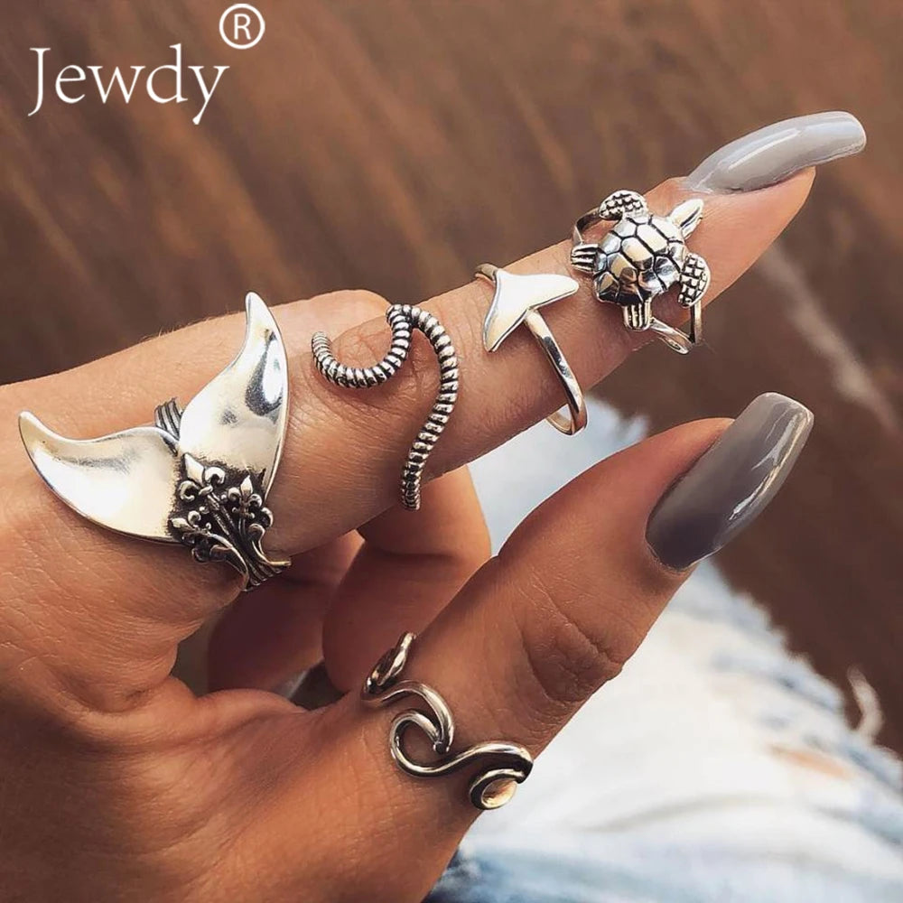 5 Pcs/Set Mermaid Wave Midi Rings for Women Bohemian Moon Turtle Charms Rings Wedding Party Punk Jewelry New Fashion Gifts 2020